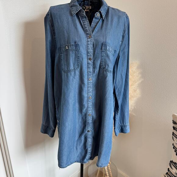 J.Jill Chambray Denim Button Up Side Button Slit Oversized Tunic Top Medium - Picture 4 of 11